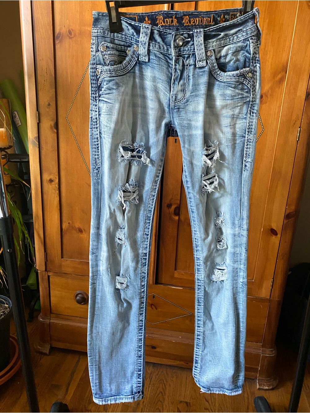Rock Revival Medina Straight Jeans Sz 24 Distressed Rhinestone Flap Pocket